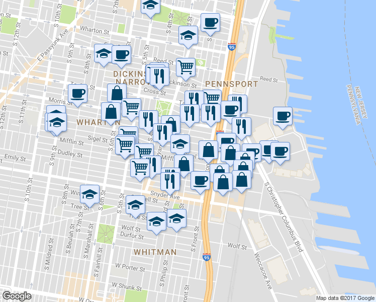 map of restaurants, bars, coffee shops, grocery stores, and more near 208 Moore Street in Philadelphia