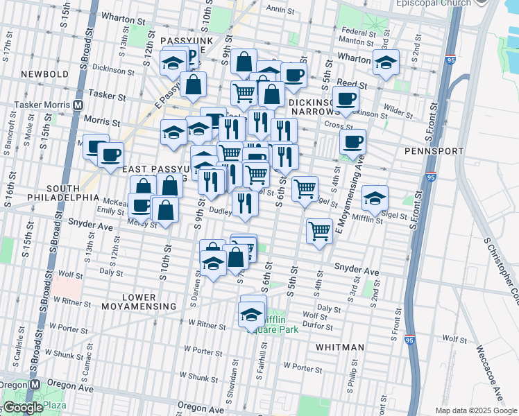 map of restaurants, bars, coffee shops, grocery stores, and more near 1835 South 7th Street in Philadelphia