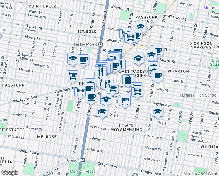 map of restaurants, bars, coffee shops, grocery stores, and more near in Philadelphia