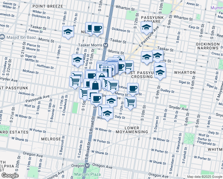 map of restaurants, bars, coffee shops, grocery stores, and more near 1323 McKean Street in Philadelphia