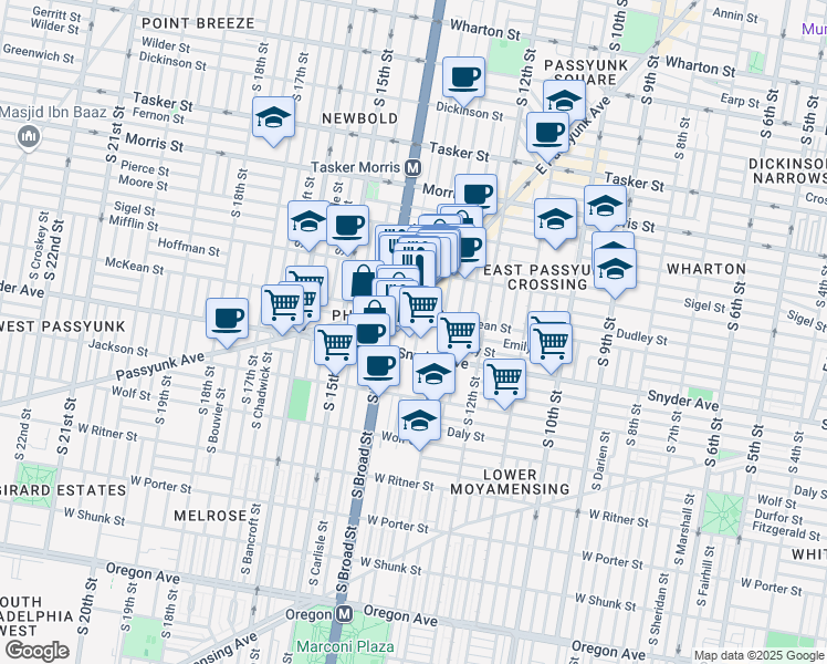 map of restaurants, bars, coffee shops, grocery stores, and more near 1323 McKean Street in Philadelphia