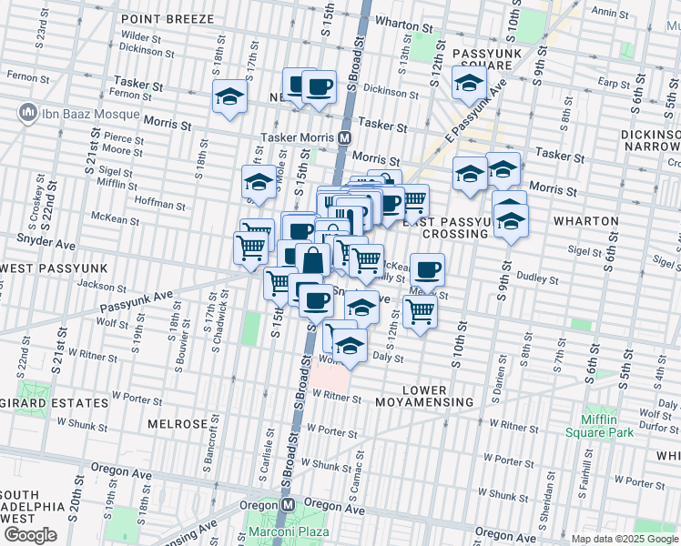 map of restaurants, bars, coffee shops, grocery stores, and more near 1323 McKean Street in Philadelphia
