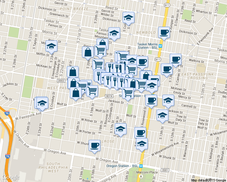 map of restaurants, bars, coffee shops, grocery stores, and more near 2038 South Bouvier Street in Philadelphia