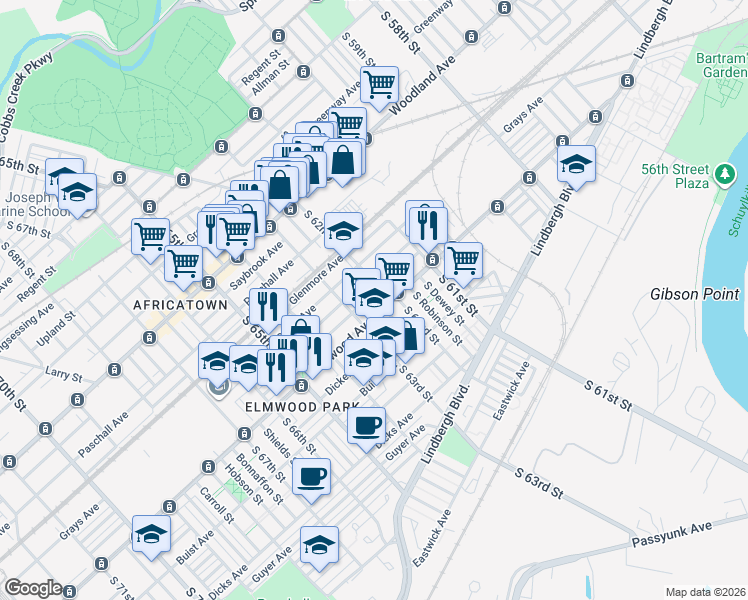 map of restaurants, bars, coffee shops, grocery stores, and more near 6212 Grays Avenue in Philadelphia