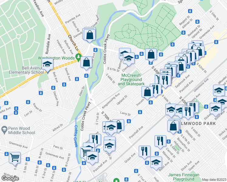 map of restaurants, bars, coffee shops, grocery stores, and more near 6798 Regent Street in Philadelphia