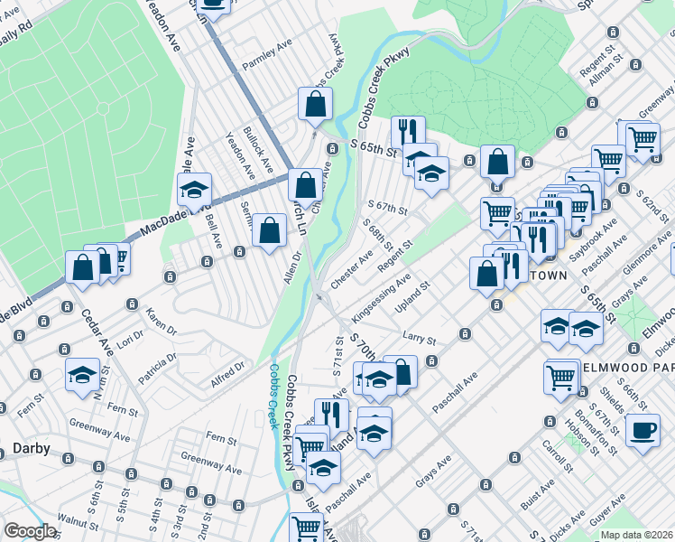 map of restaurants, bars, coffee shops, grocery stores, and more near 6836 Cobbs Creek Parkway in Philadelphia