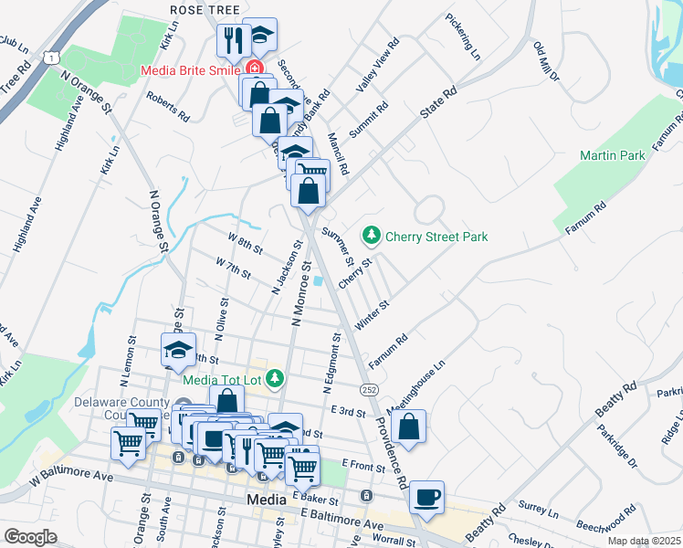 map of restaurants, bars, coffee shops, grocery stores, and more near 704 Summer Street in Media