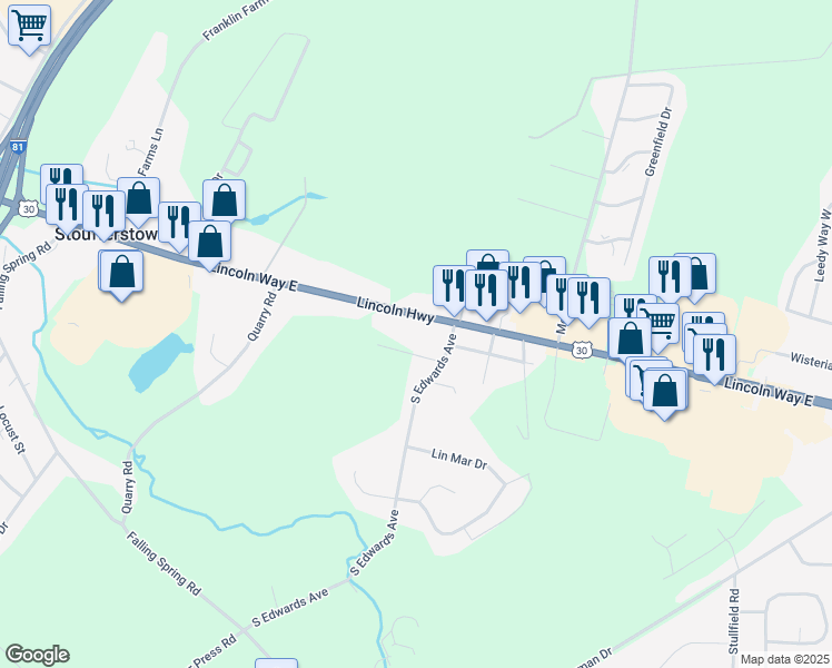 map of restaurants, bars, coffee shops, grocery stores, and more near 1449 Lincoln Way East in Chambersburg