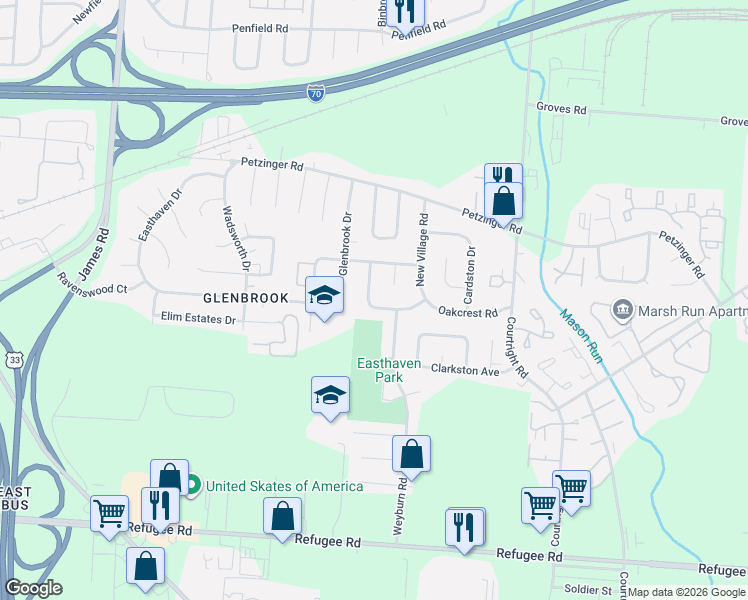 map of restaurants, bars, coffee shops, grocery stores, and more near 2261 Kinderly Drive in Columbus