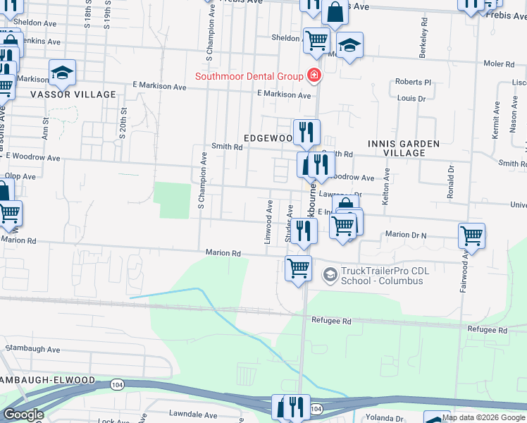 map of restaurants, bars, coffee shops, grocery stores, and more near 1937 Linwood Avenue in Columbus