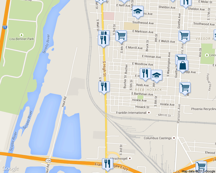 map of restaurants, bars, coffee shops, grocery stores, and more near 14 Reeb Avenue in Columbus