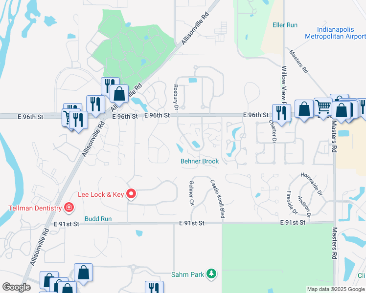 map of restaurants, bars, coffee shops, grocery stores, and more near 9521 Behner Lane in Indianapolis