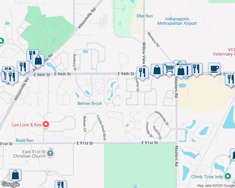 map of restaurants, bars, coffee shops, grocery stores, and more near 9490 Aberdare Drive in Indianapolis