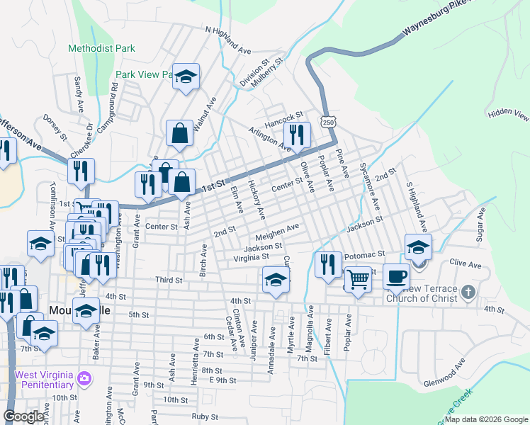 map of restaurants, bars, coffee shops, grocery stores, and more near 113 Maple Avenue in Moundsville