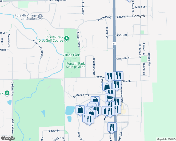 map of restaurants, bars, coffee shops, grocery stores, and more near 701-777 Christopher Drive in Forsyth