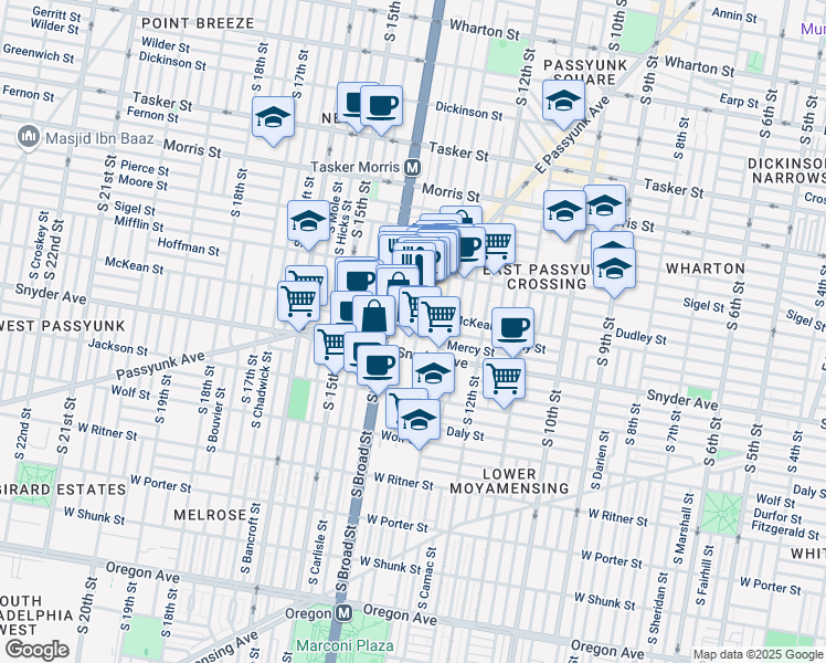 map of restaurants, bars, coffee shops, grocery stores, and more near 2022 South Juniper Street in Philadelphia