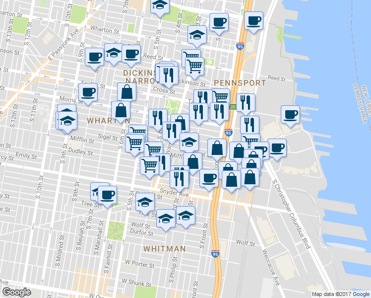 map of restaurants, bars, coffee shops, grocery stores, and more near 213 Sigel Street in Philadelphia