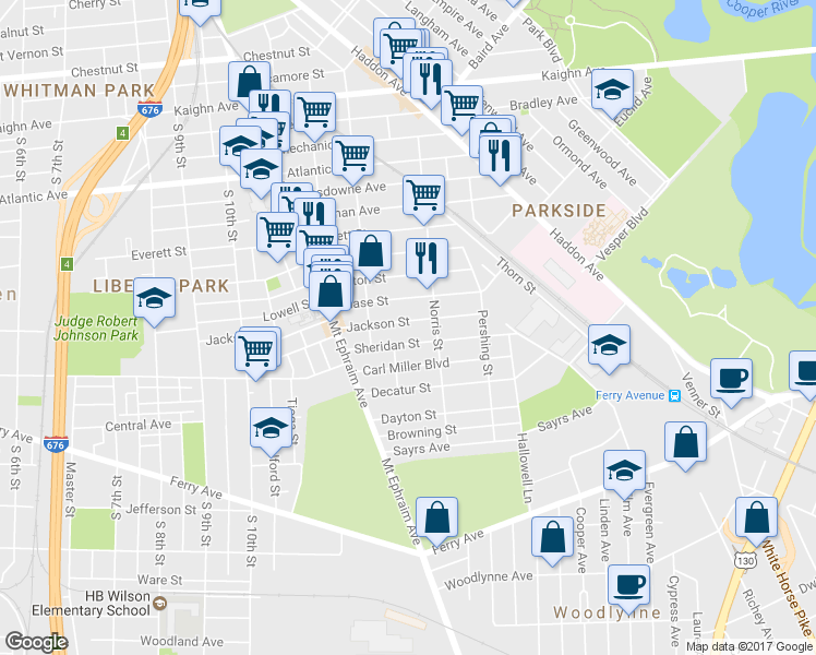 map of restaurants, bars, coffee shops, grocery stores, and more near 1256 Jackson Street in Camden