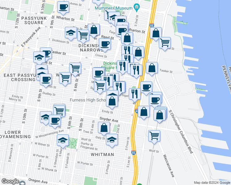 map of restaurants, bars, coffee shops, grocery stores, and more near 213 Sigel Street in Philadelphia