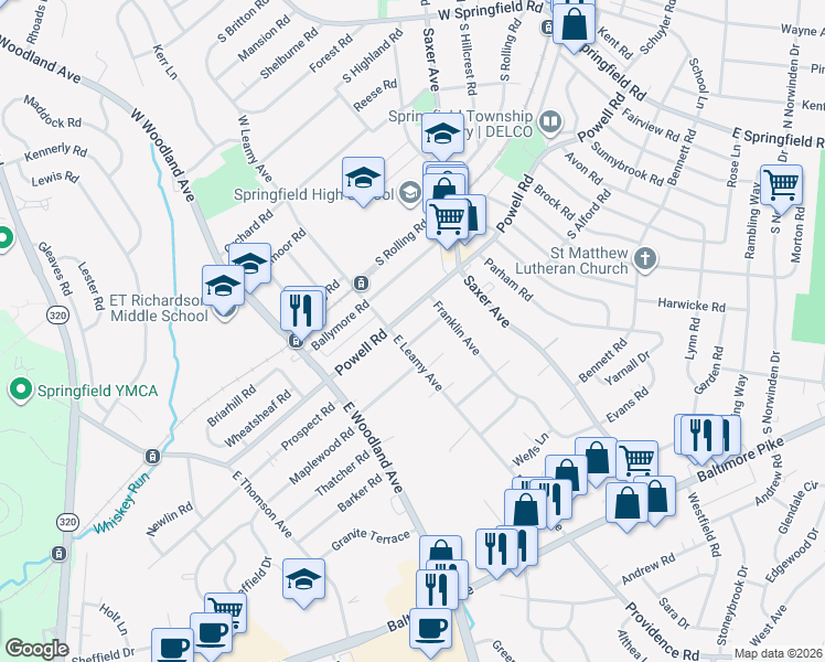 map of restaurants, bars, coffee shops, grocery stores, and more near 239 Powell Road in Springfield