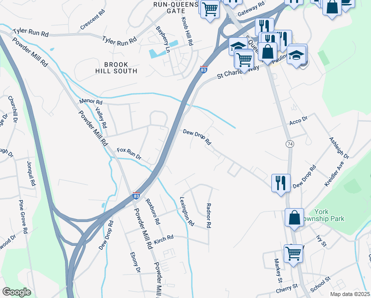 map of restaurants, bars, coffee shops, grocery stores, and more near 42 Oak Ridge Drive in York