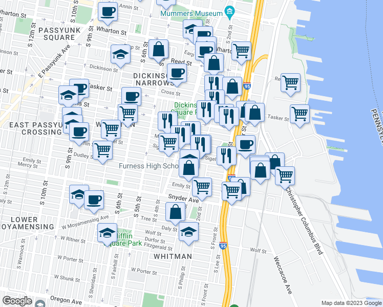 map of restaurants, bars, coffee shops, grocery stores, and more near 225 Sigel Street in Philadelphia