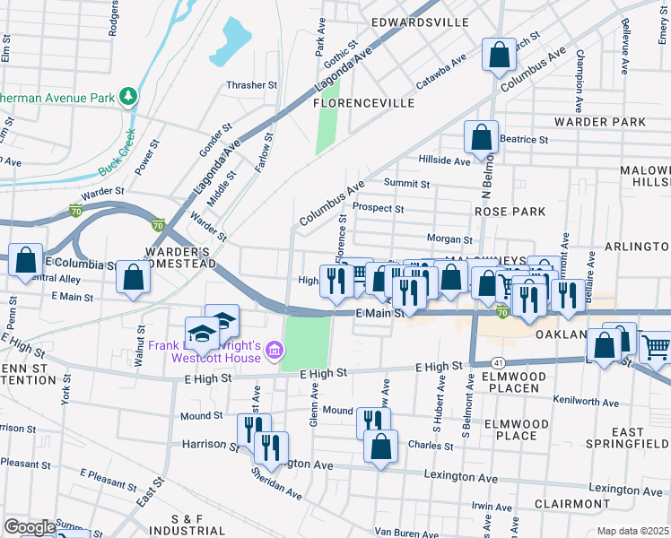 map of restaurants, bars, coffee shops, grocery stores, and more near 1419 Warder Street in Springfield