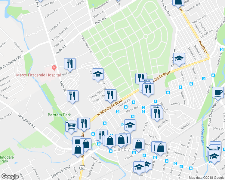 map of restaurants, bars, coffee shops, grocery stores, and more near 1158 Wycombe Avenue in Darby