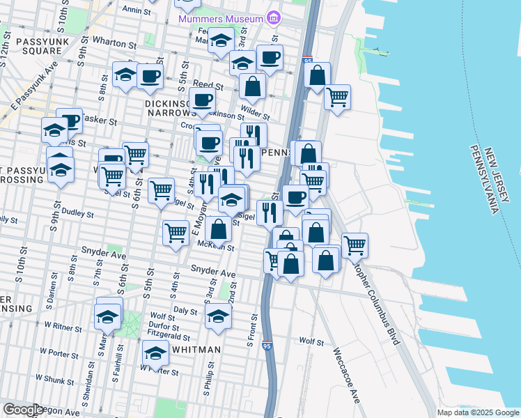 map of restaurants, bars, coffee shops, grocery stores, and more near 115 McClellan Street in Philadelphia