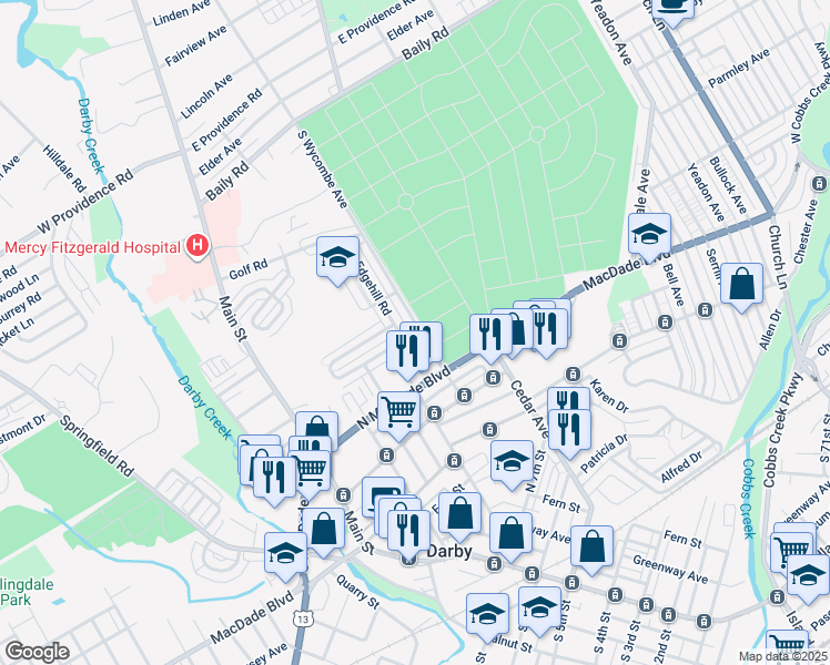 map of restaurants, bars, coffee shops, grocery stores, and more near 1158 Wycombe Avenue in Darby