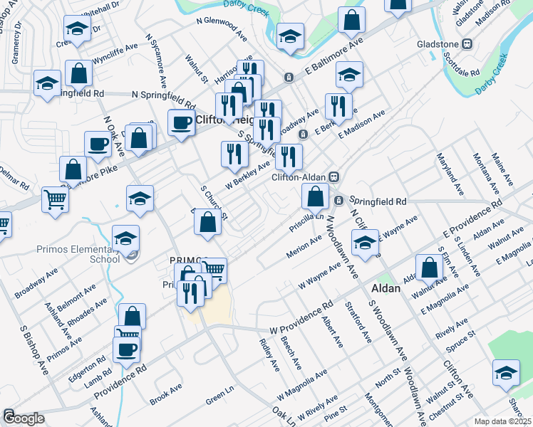 map of restaurants, bars, coffee shops, grocery stores, and more near 525 Cherry Street in Clifton Heights