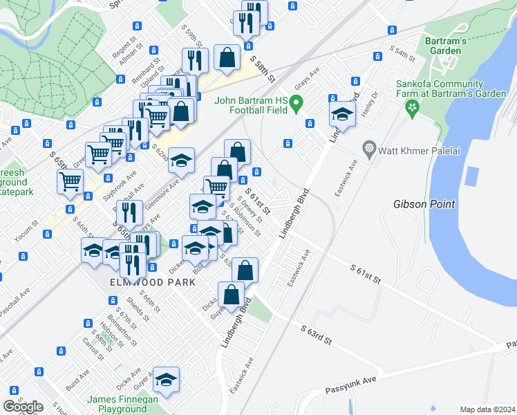 map of restaurants, bars, coffee shops, grocery stores, and more near 2556 South 61st Street in Philadelphia