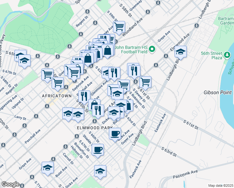 map of restaurants, bars, coffee shops, grocery stores, and more near 6214 Reedland Street in Philadelphia