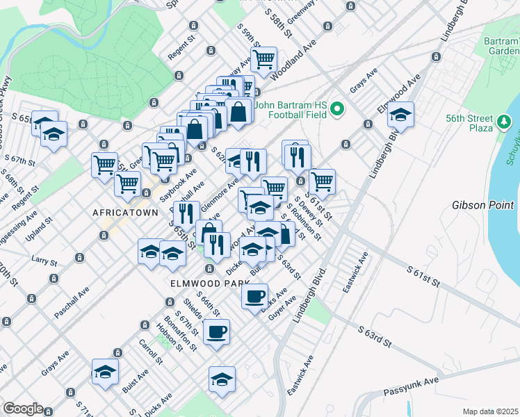 map of restaurants, bars, coffee shops, grocery stores, and more near 6214 Reedland Street in Philadelphia