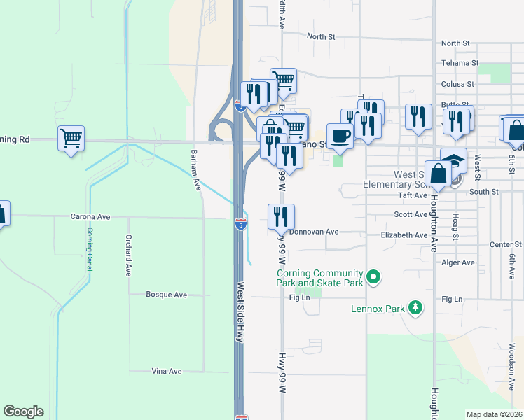 map of restaurants, bars, coffee shops, grocery stores, and more near West Side Highway in Corning
