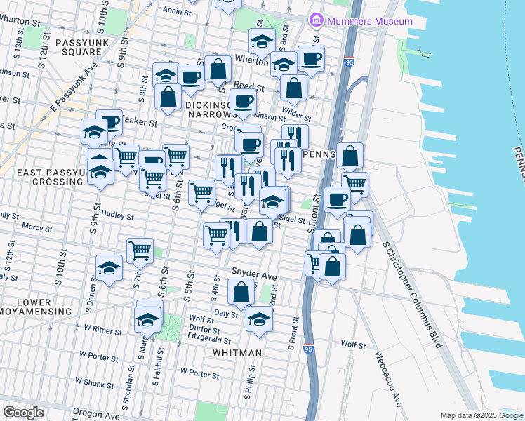 map of restaurants, bars, coffee shops, grocery stores, and more near 225 Sigel Street in Philadelphia