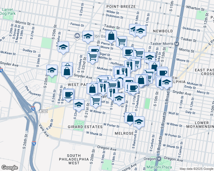 map of restaurants, bars, coffee shops, grocery stores, and more near 2124 South Opal Street in Philadelphia