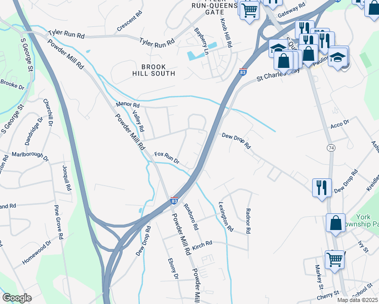 map of restaurants, bars, coffee shops, grocery stores, and more near 125 Fox Run Drive in York