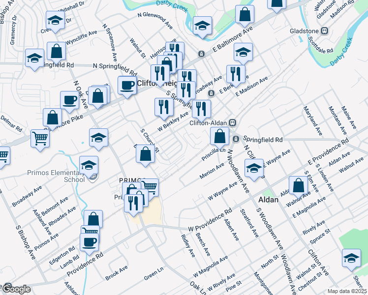map of restaurants, bars, coffee shops, grocery stores, and more near 525 Cherry Street in Clifton Heights