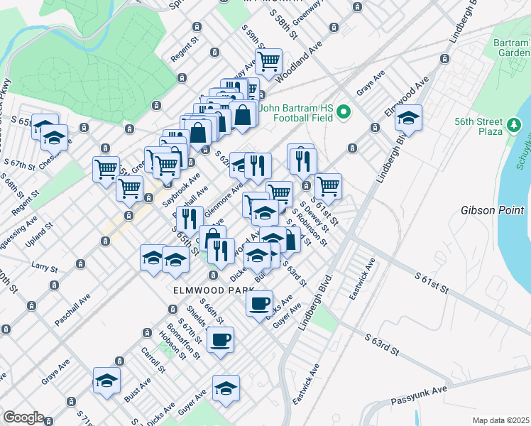 map of restaurants, bars, coffee shops, grocery stores, and more near 6212 Reedland Street in Philadelphia