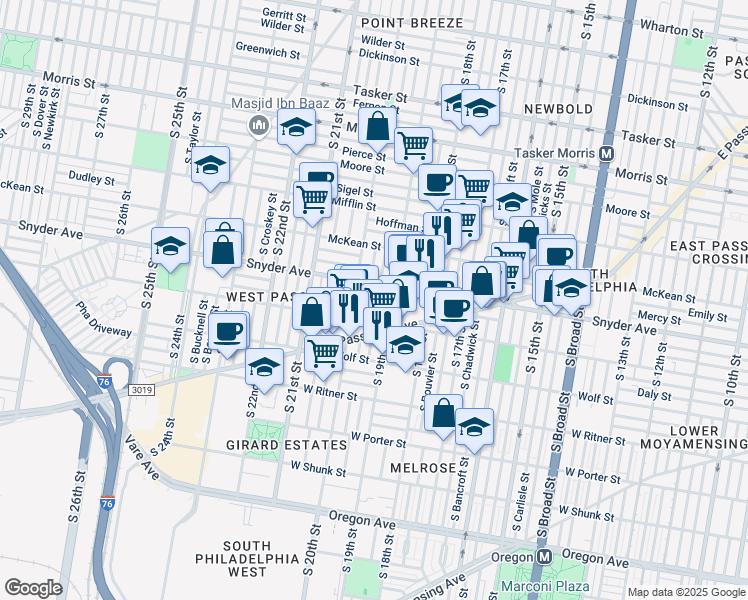 map of restaurants, bars, coffee shops, grocery stores, and more near 2120 South Garnet Street in Philadelphia