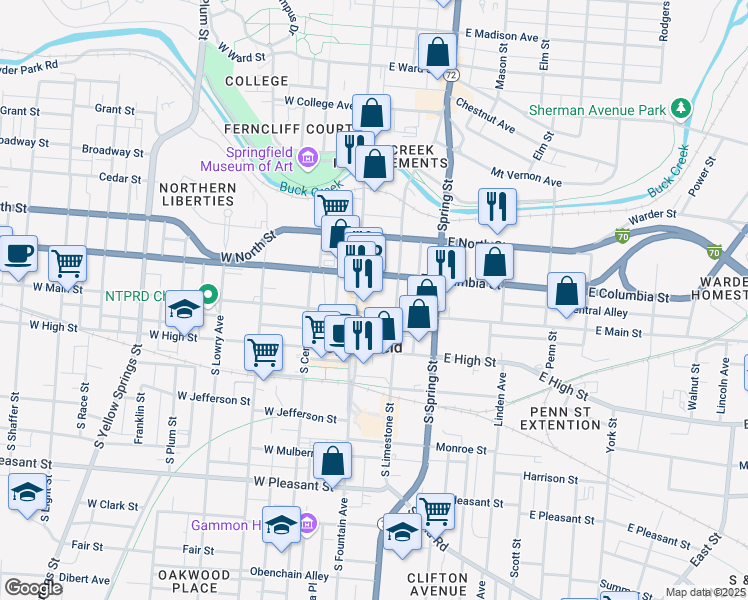 map of restaurants, bars, coffee shops, grocery stores, and more near 14 East Main Street in Springfield