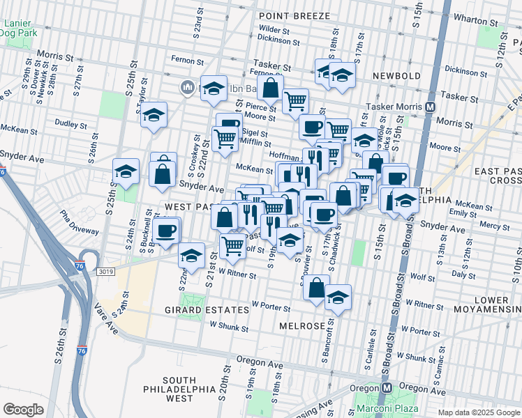 map of restaurants, bars, coffee shops, grocery stores, and more near 2124 South Opal Street in Philadelphia
