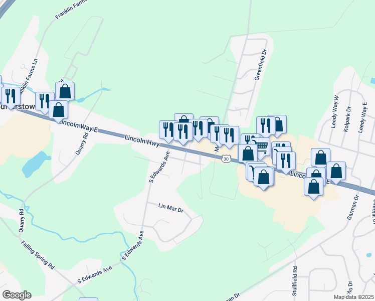 map of restaurants, bars, coffee shops, grocery stores, and more near 1502 Lincoln Way East in Chambersburg