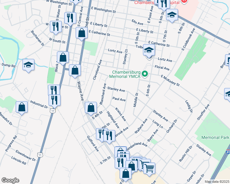 map of restaurants, bars, coffee shops, grocery stores, and more near 818 South 4th Street in Chambersburg