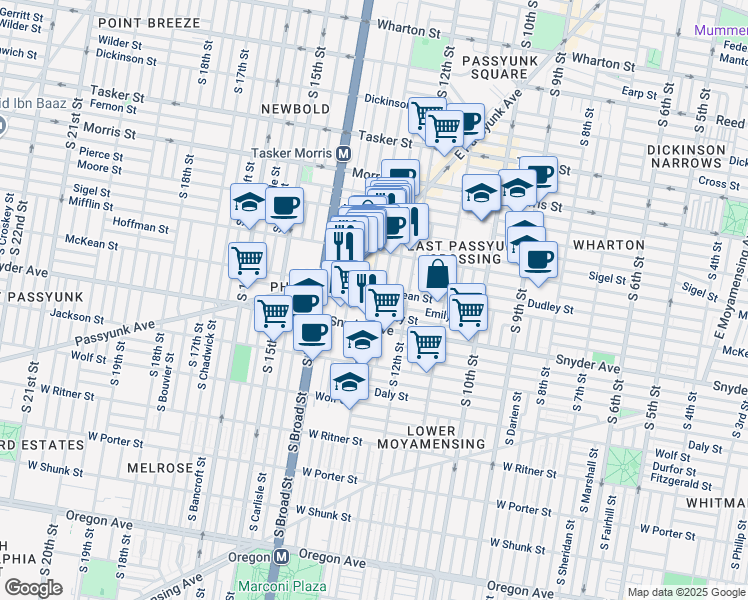map of restaurants, bars, coffee shops, grocery stores, and more near 1935 South Iseminger Street in Philadelphia