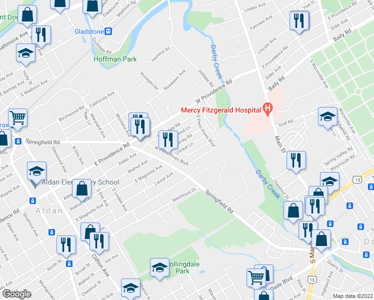 map of restaurants, bars, coffee shops, grocery stores, and more near 730 Cricket Lane in Aldan