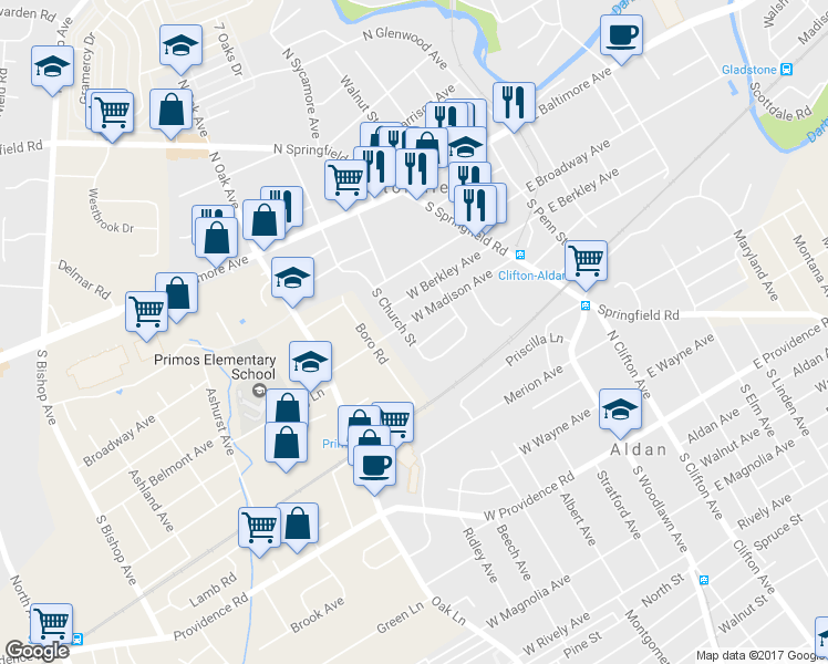 map of restaurants, bars, coffee shops, grocery stores, and more near 409 South Church Street in Clifton Heights