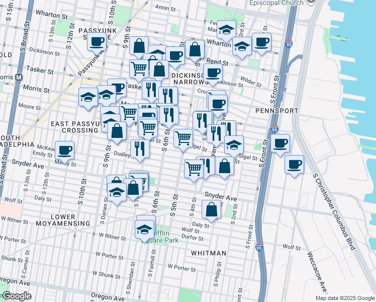 map of restaurants, bars, coffee shops, grocery stores, and more near 433 Mifflin Street in Philadelphia