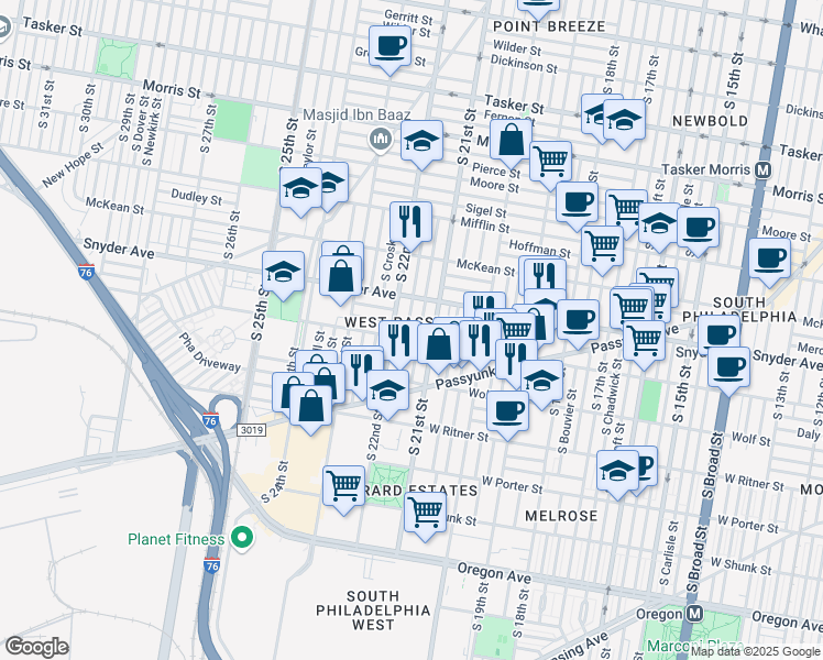 map of restaurants, bars, coffee shops, grocery stores, and more near 2145 South Beechwood Street in Philadelphia